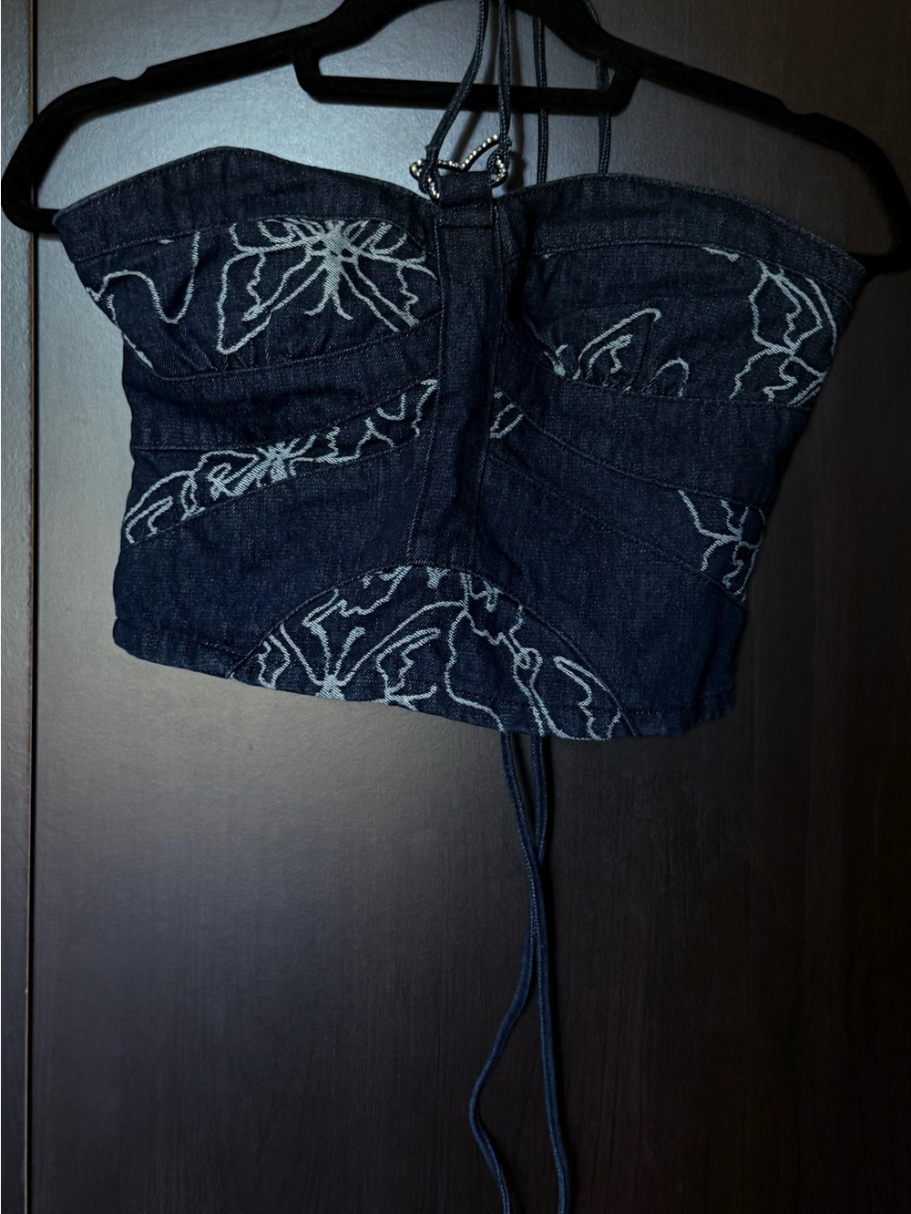 Jaded London Dark Blue Denim Strapless Bustier with White Floral Stitching